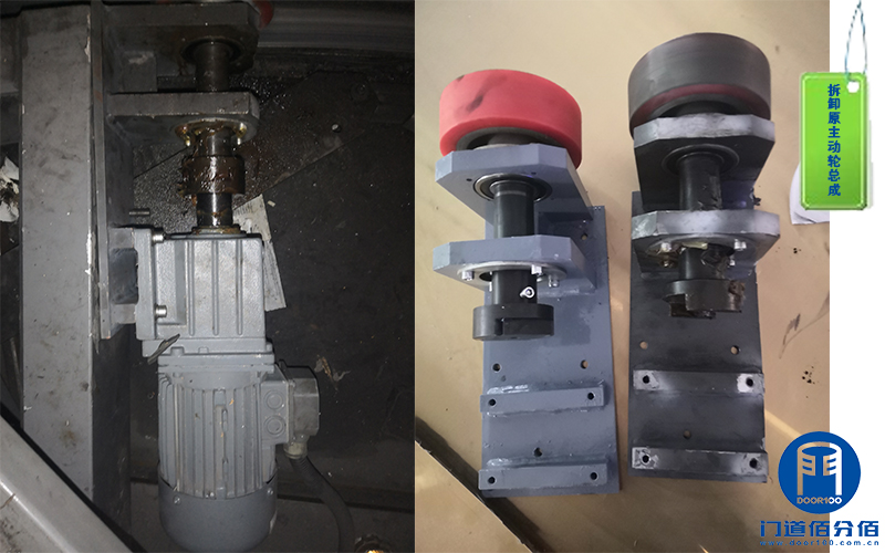 門道佰分佰技術人員拆卸圣維旋轉門主動輪總成